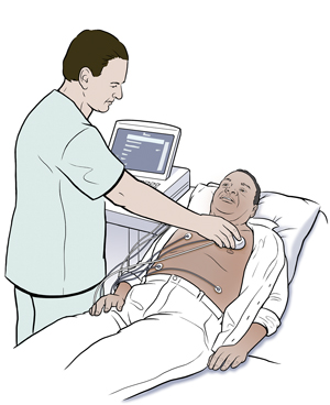 Technician using holding wand against man's chest to check pacemaker.