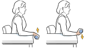 Una mujer sentada en una silla con el brazo apoyado sobre la mesa hace un ejercicio de extensión con una mancuerna.