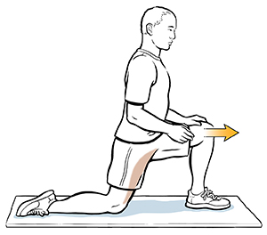 Man kneeling on one knee doing hip stretch.